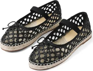 AMINUGAL Raffia Ballet Flats Shoes for Women Dressy Comfortable Woven Straw Women's Flat with Elastic Strap Mesh Bows Raffia Mary Janes Ballerina