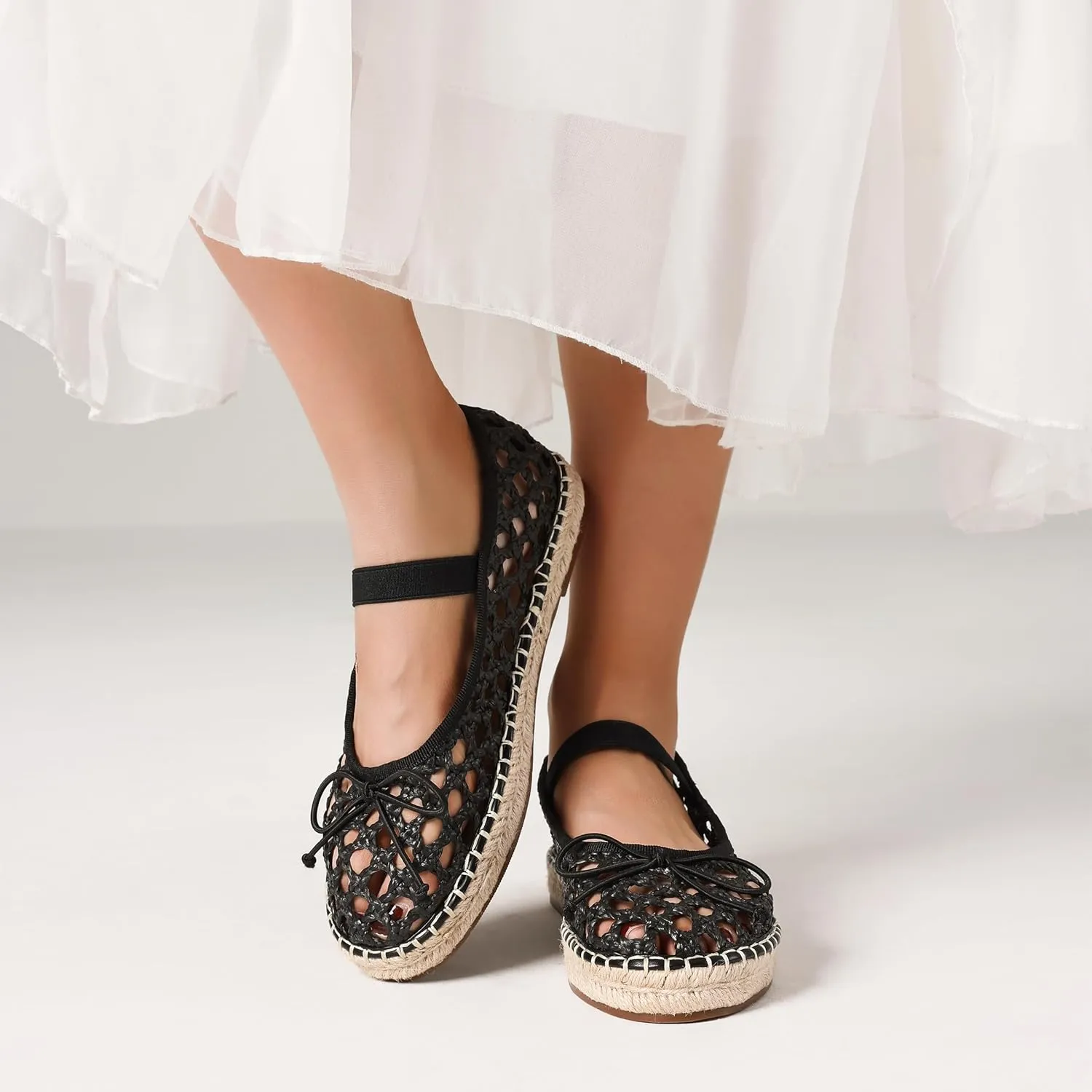 AMINUGAL Raffia Ballet Flats Shoes for Women Dressy Comfortable Woven Straw Women's Flat with Elastic Strap Mesh Bows Raffia Mary Janes Ballerina
