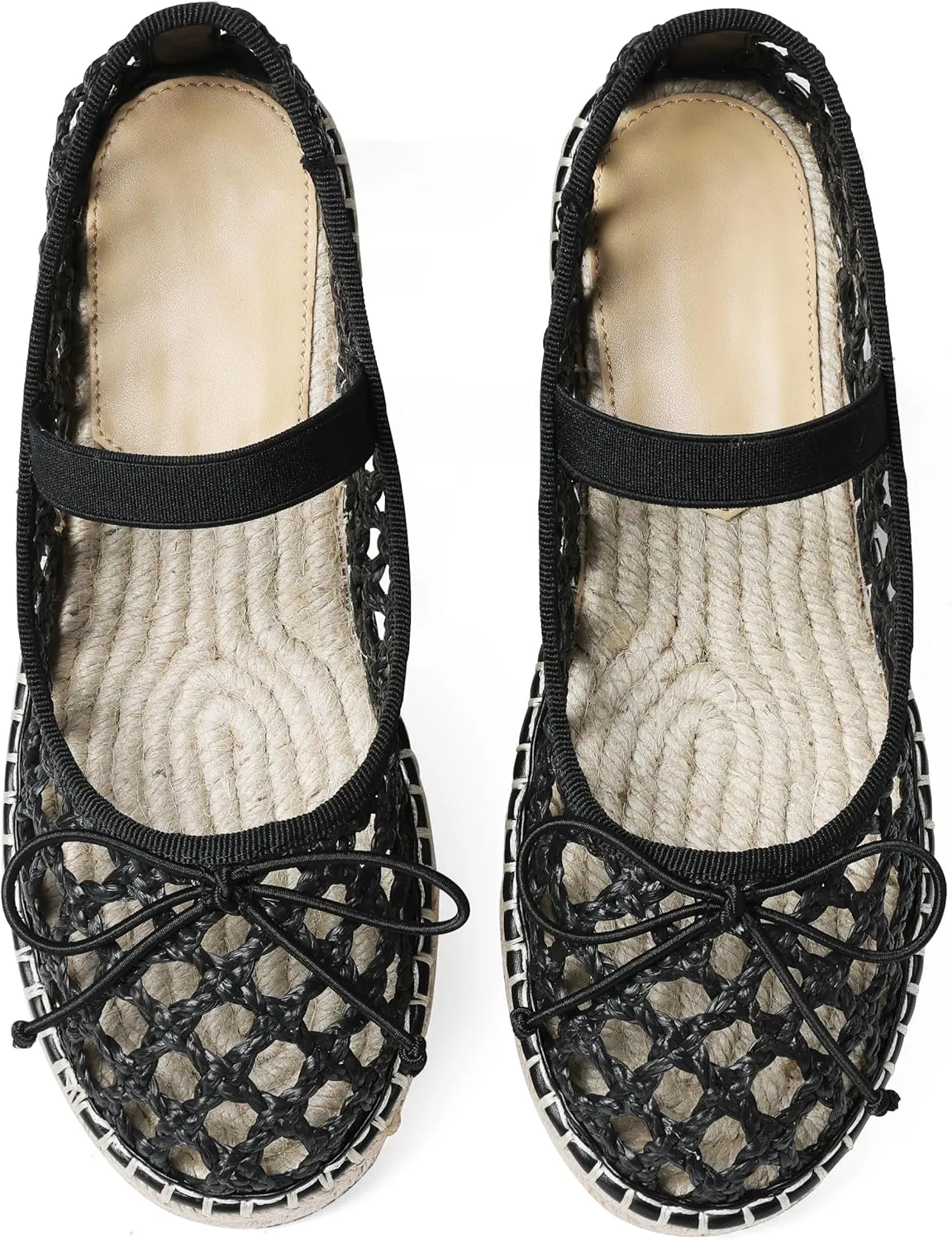 AMINUGAL Raffia Ballet Flats Shoes for Women Dressy Comfortable Woven Straw Women's Flat with Elastic Strap Mesh Bows Raffia Mary Janes Ballerina