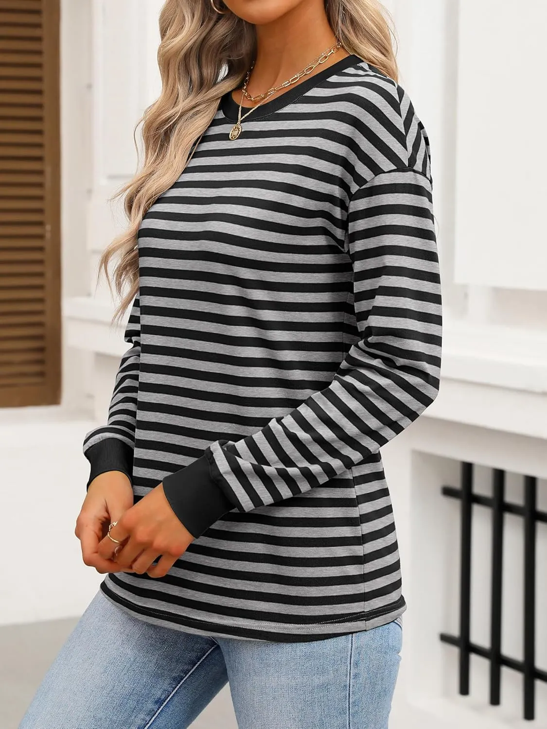 ANRABESS Long Sleeve Shirts for Women Striped Crewneck Loose Fit Tunic Tops 2024 Fall Color Block T-Shirt