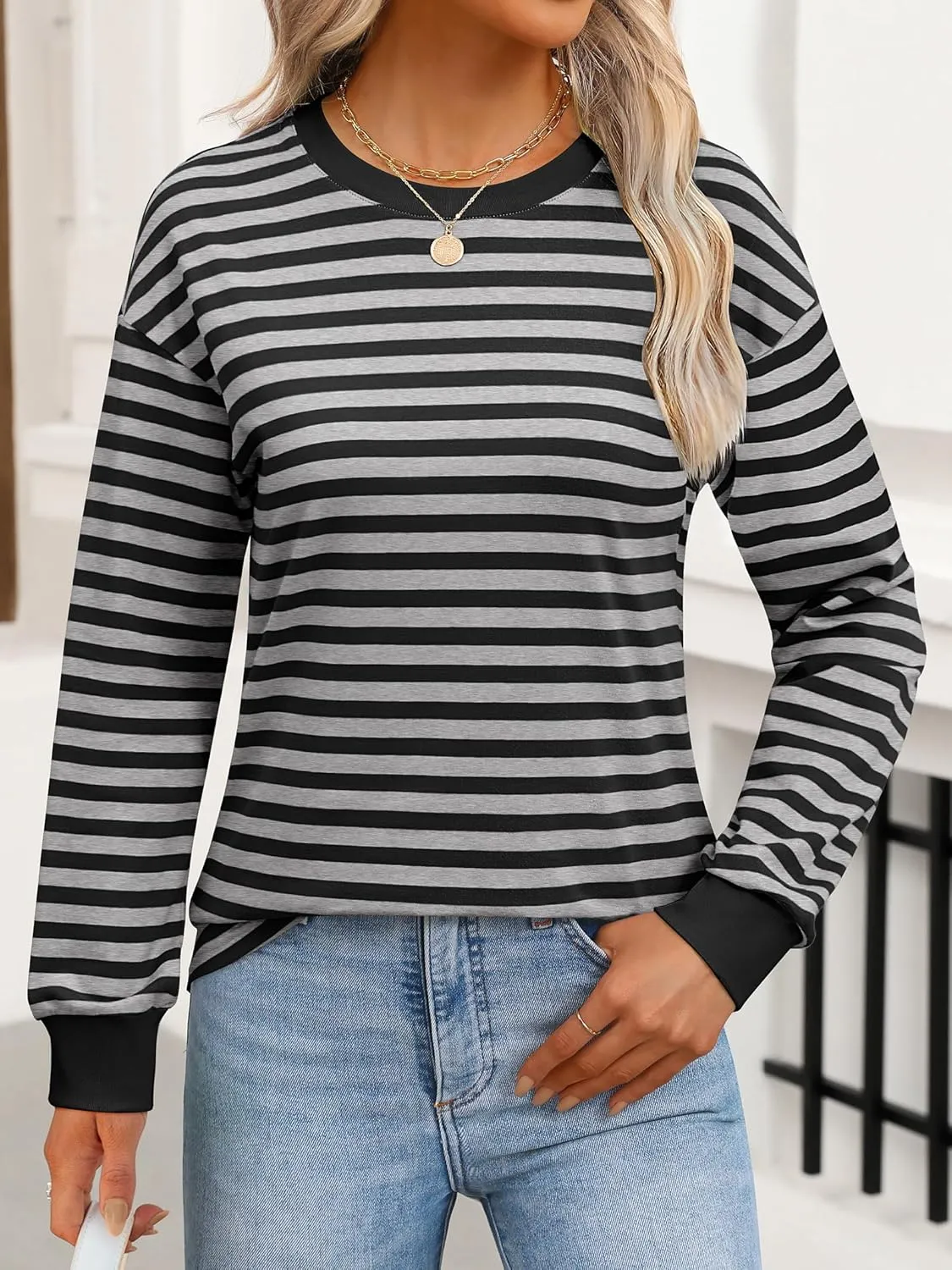 ANRABESS Long Sleeve Shirts for Women Striped Crewneck Loose Fit Tunic Tops 2024 Fall Color Block T-Shirt