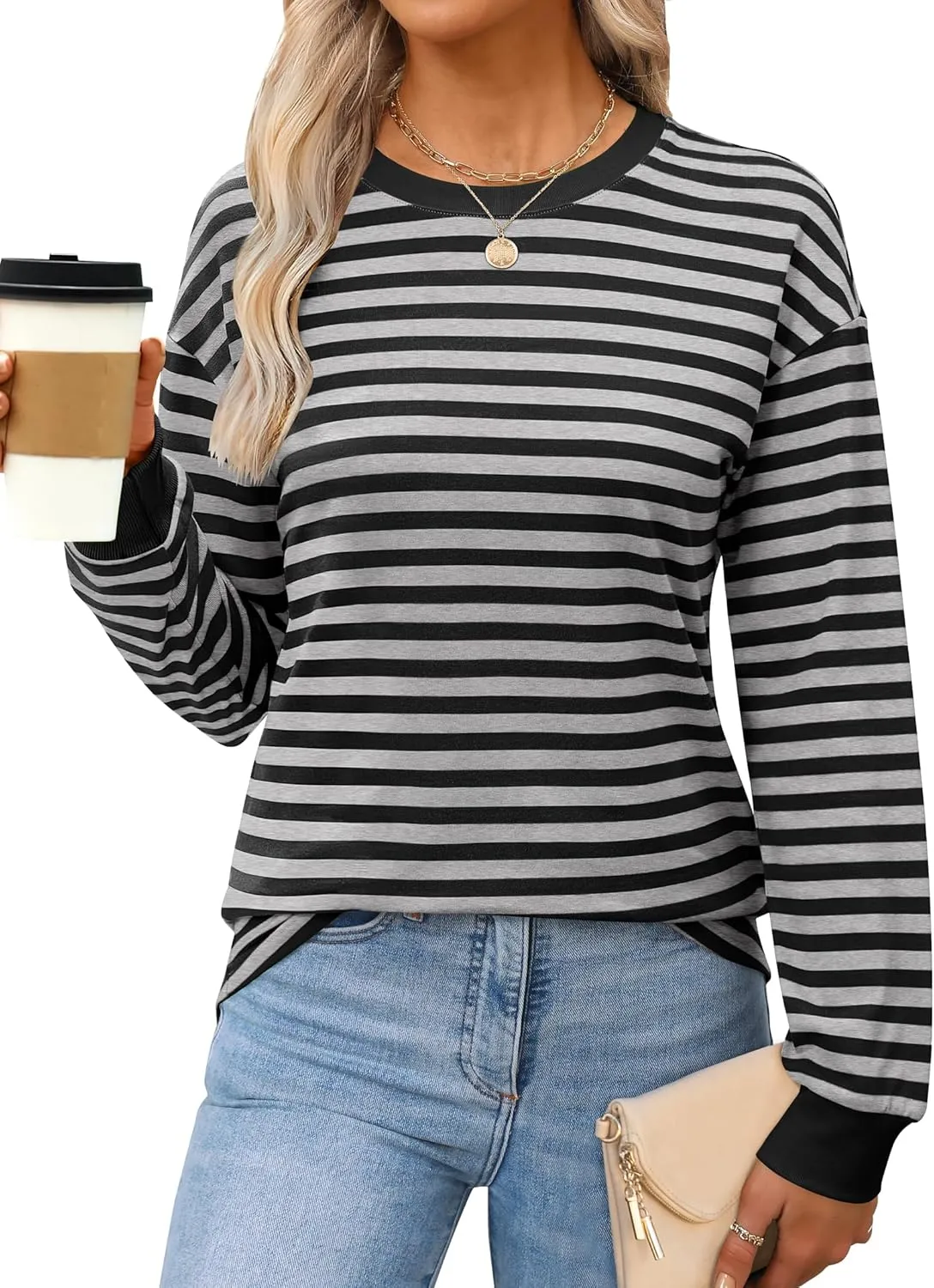 ANRABESS Long Sleeve Shirts for Women Striped Crewneck Loose Fit Tunic Tops 2024 Fall Color Block T-Shirt