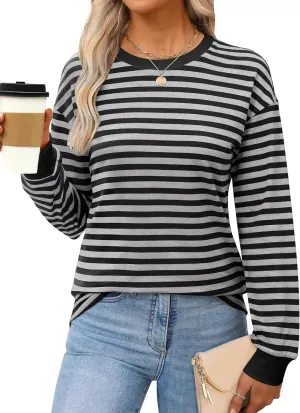 ANRABESS Long Sleeve Shirts for Women Striped Crewneck Loose Fit Tunic Tops 2024 Fall Color Block T-Shirt