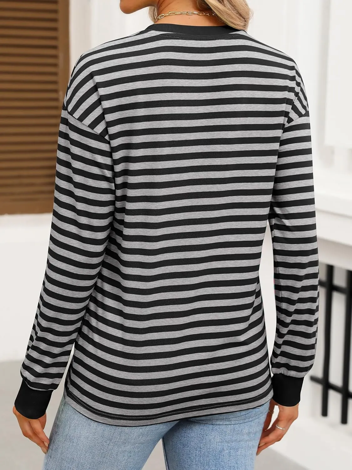 ANRABESS Long Sleeve Shirts for Women Striped Crewneck Loose Fit Tunic Tops 2024 Fall Color Block T-Shirt