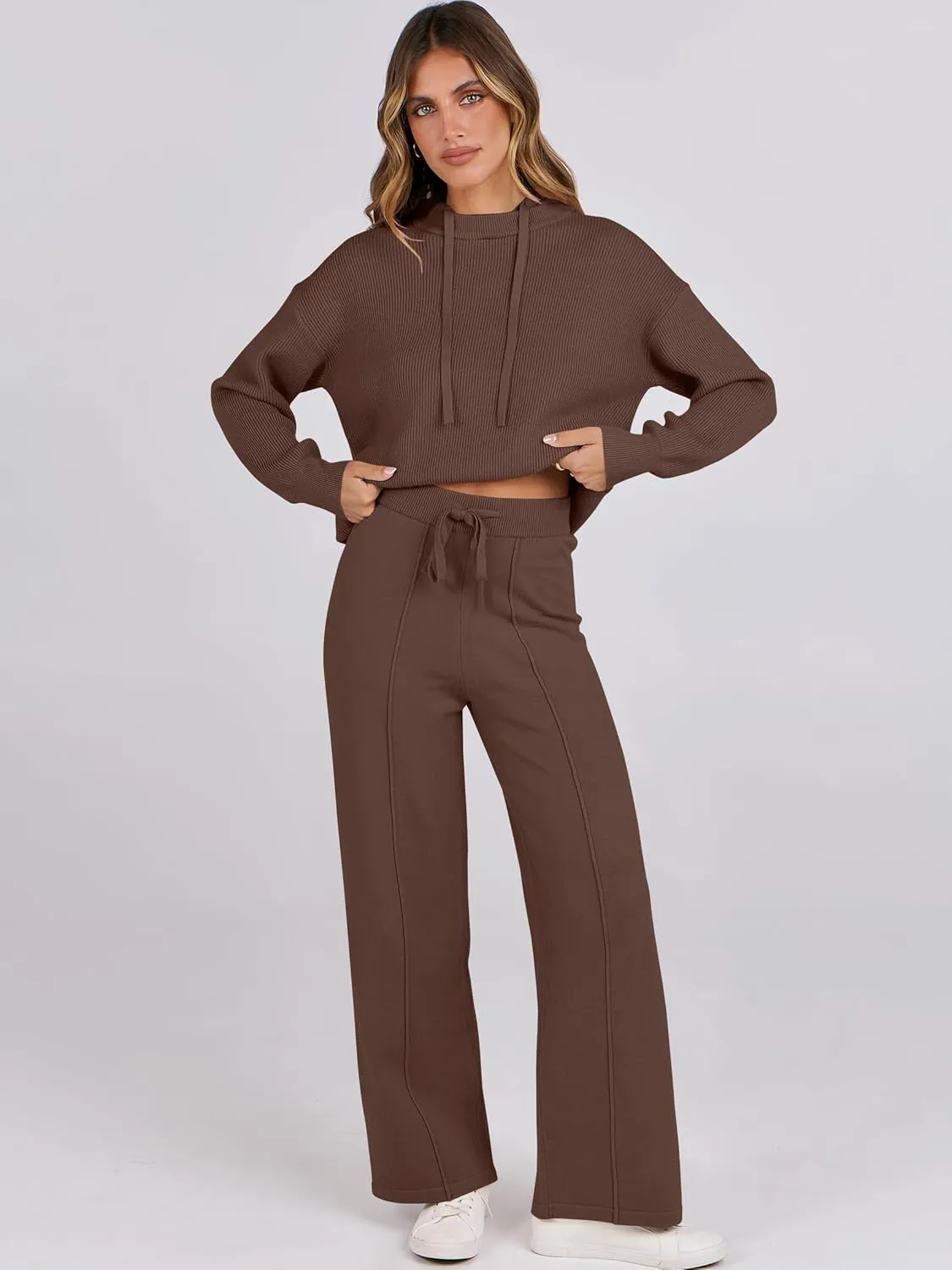 ANRABESS Women 2 Piece Outfits Sweater Sets Loose Long Sleeve Hoodies Knit Pullover Wide Leg Pants 2025 Fall Lounge Sweatsuit