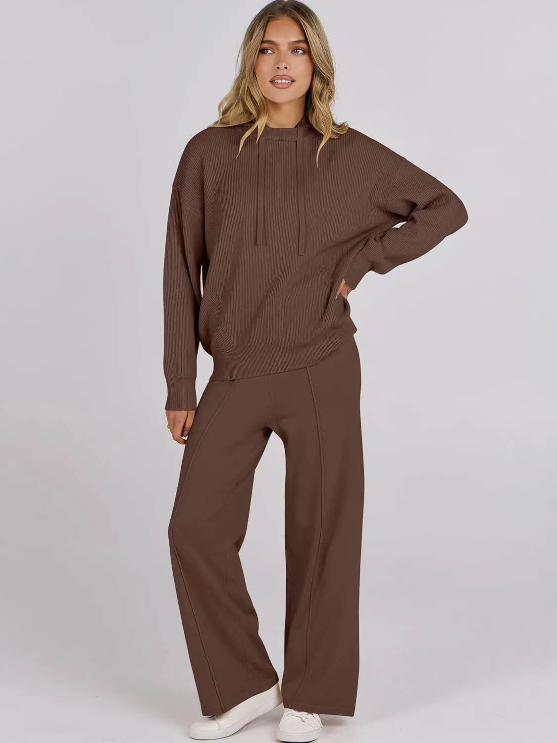 ANRABESS Women 2 Piece Outfits Sweater Sets Loose Long Sleeve Hoodies Knit Pullover Wide Leg Pants 2025 Fall Lounge Sweatsuit