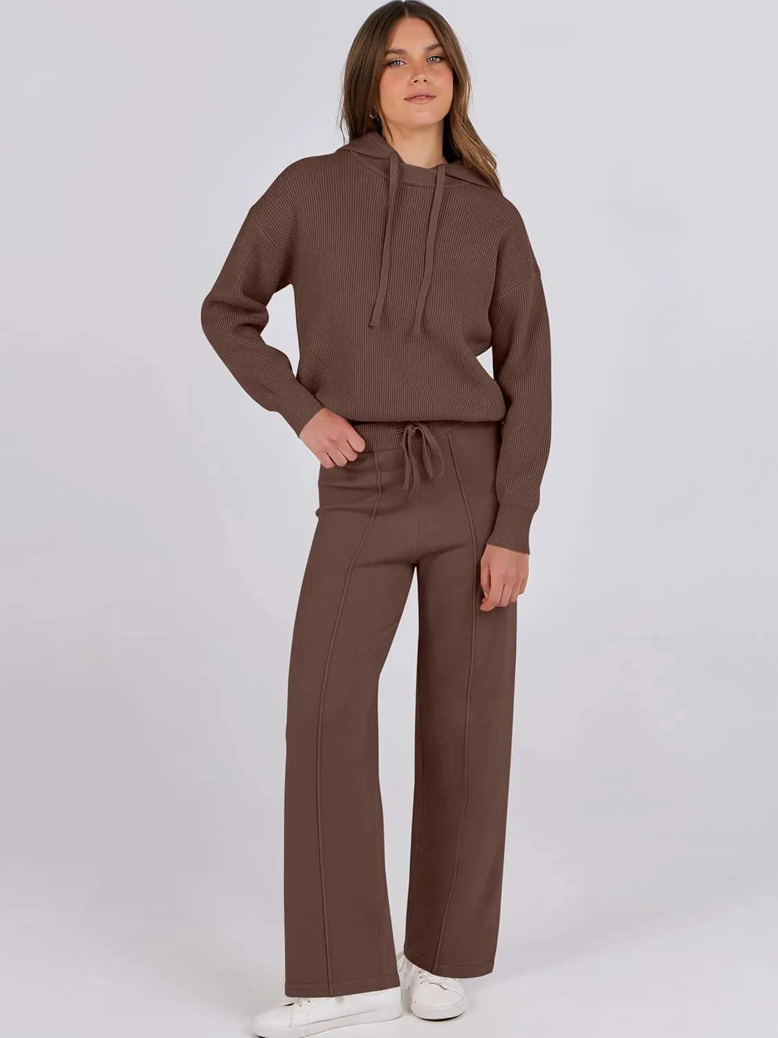 ANRABESS Women 2 Piece Outfits Sweater Sets Loose Long Sleeve Hoodies Knit Pullover Wide Leg Pants 2025 Fall Lounge Sweatsuit
