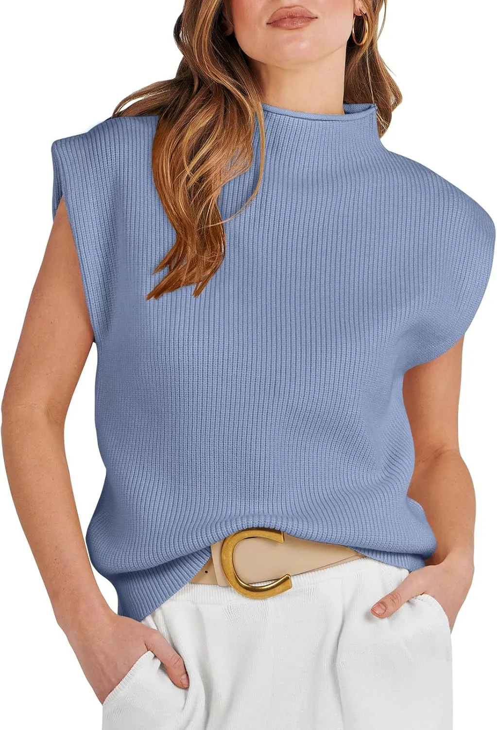 ANRABESS Women's Mock Neck Sleeveless Sweater Vest Casual Cap Sleeve Knit Pullover Tank Tops 2025 Spring Summer Clothes