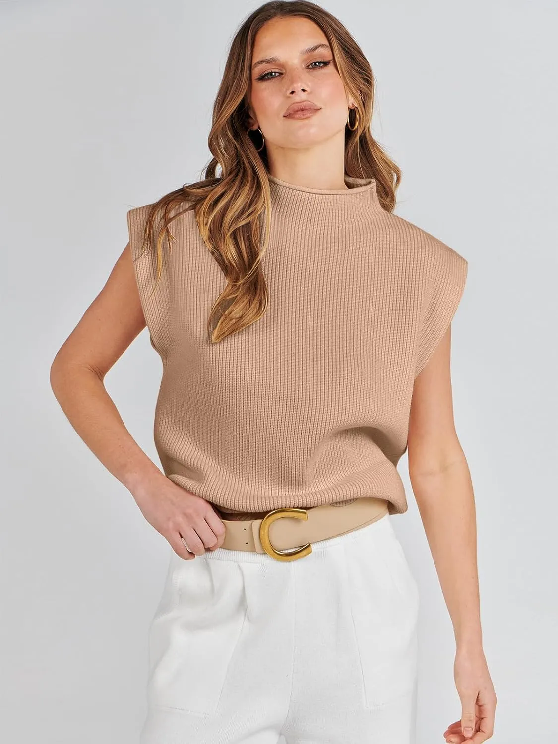 ANRABESS Women's Mock Neck Sleeveless Sweater Vest Casual Cap Sleeve Knit Pullover Tank Tops 2025 Spring Summer Clothes