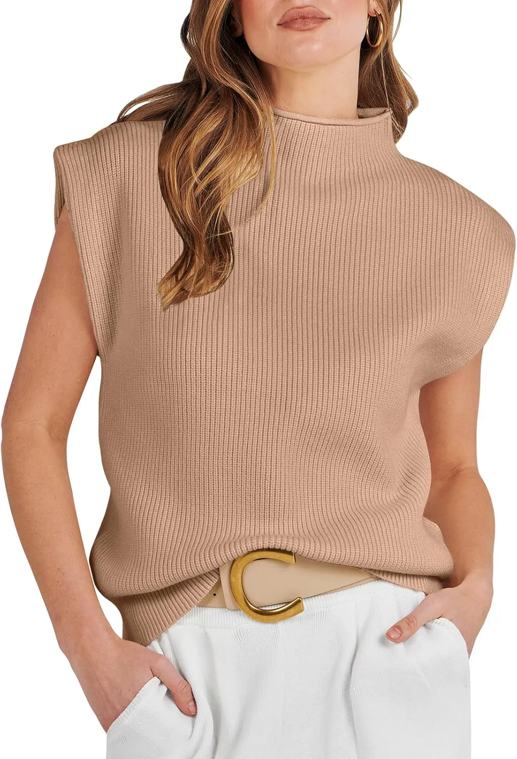 ANRABESS Women's Mock Neck Sleeveless Sweater Vest Casual Cap Sleeve Knit Pullover Tank Tops 2025 Spring Summer Clothes