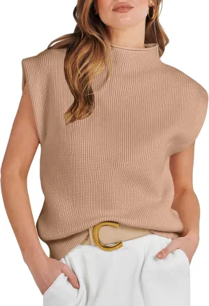 ANRABESS Women's Mock Neck Sleeveless Sweater Vest Casual Cap Sleeve Knit Pullover Tank Tops 2025 Spring Summer Clothes