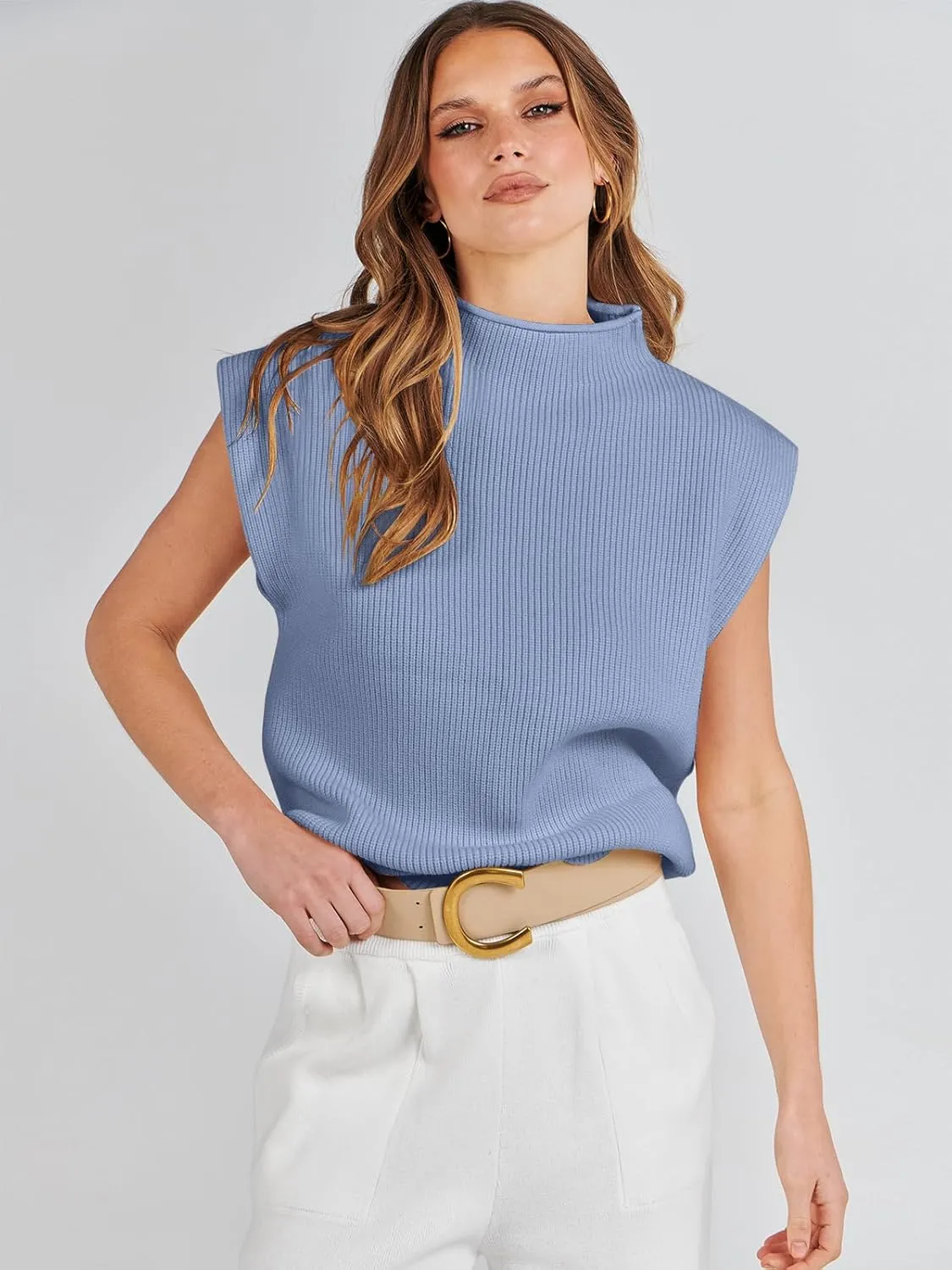 ANRABESS Women's Mock Neck Sleeveless Sweater Vest Casual Cap Sleeve Knit Pullover Tank Tops 2025 Spring Summer Clothes
