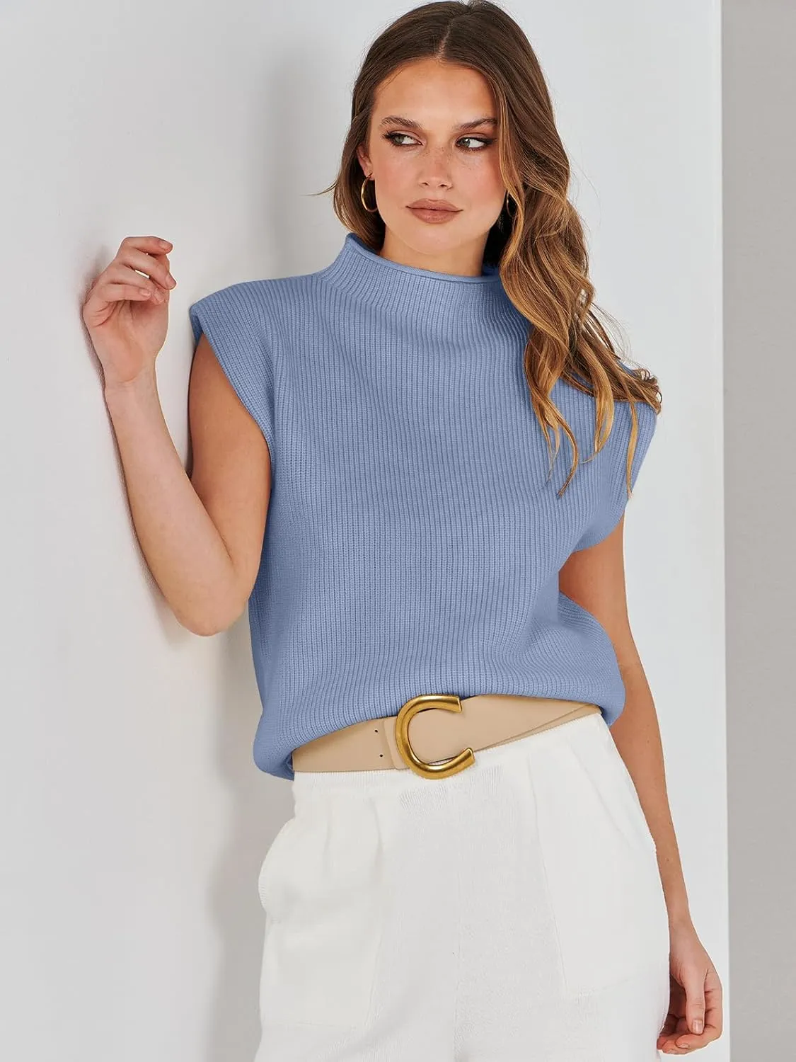 ANRABESS Women's Mock Neck Sleeveless Sweater Vest Casual Cap Sleeve Knit Pullover Tank Tops 2025 Spring Summer Clothes