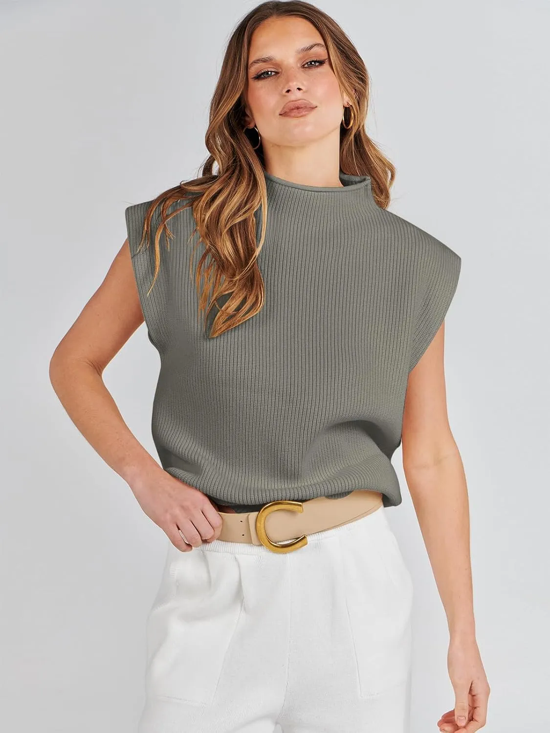 ANRABESS Women's Mock Neck Sleeveless Sweater Vest Casual Cap Sleeve Knit Pullover Tank Tops 2025 Spring Summer Clothes