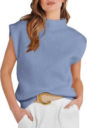 ANRABESS Women's Mock Neck Sleeveless Sweater Vest Casual Cap Sleeve Knit Pullover Tank Tops 2025 Spring Summer Clothes