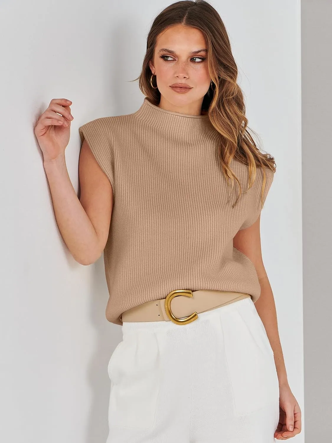 ANRABESS Women's Mock Neck Sleeveless Sweater Vest Casual Cap Sleeve Knit Pullover Tank Tops 2025 Spring Summer Clothes
