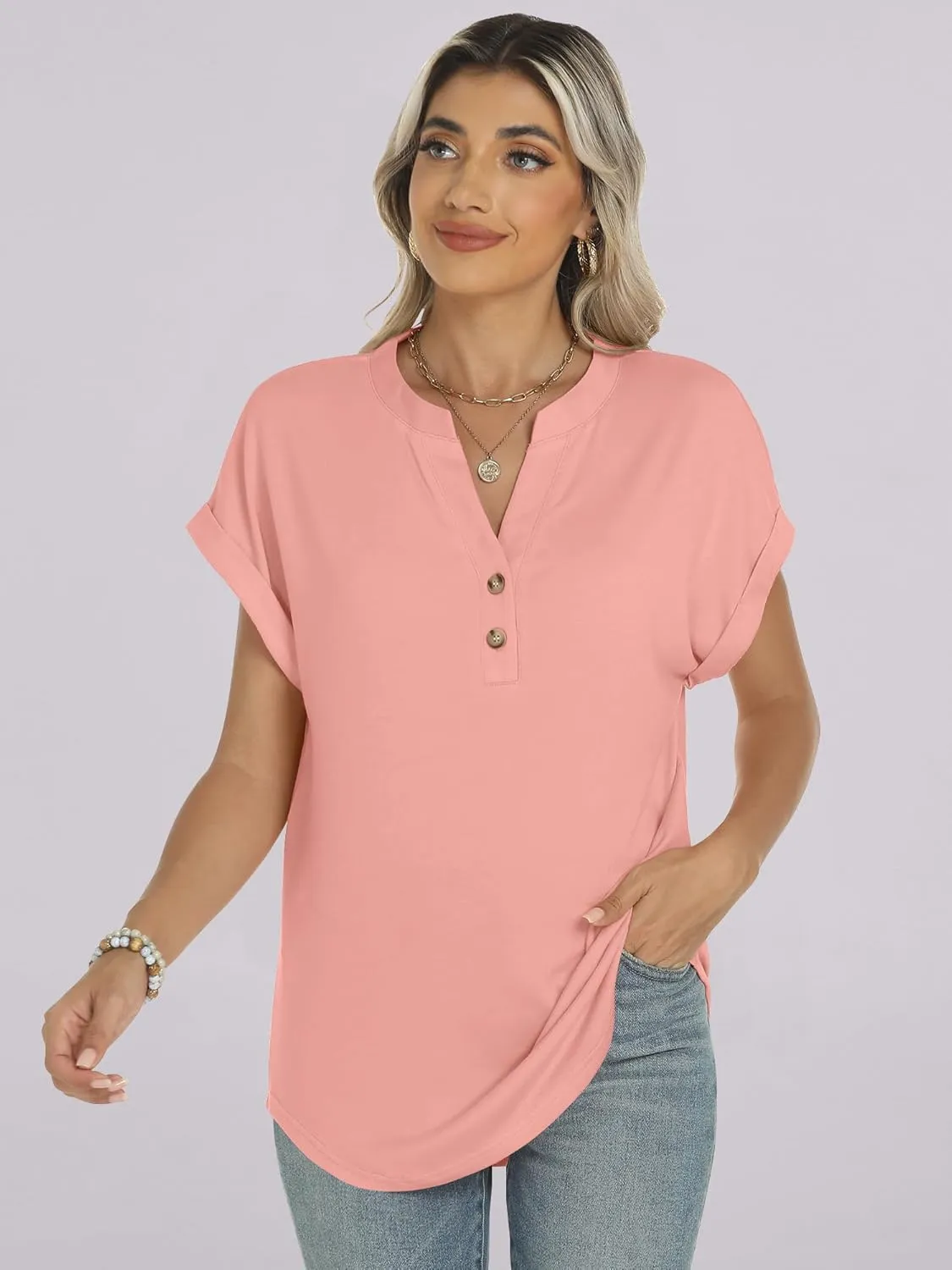 ANRABESS Womens Short Sleeve Henley Tops V Neck Dressy Casual Loose Fit Shirts Summer Flowy Blouses 2025 Trendy Clothes