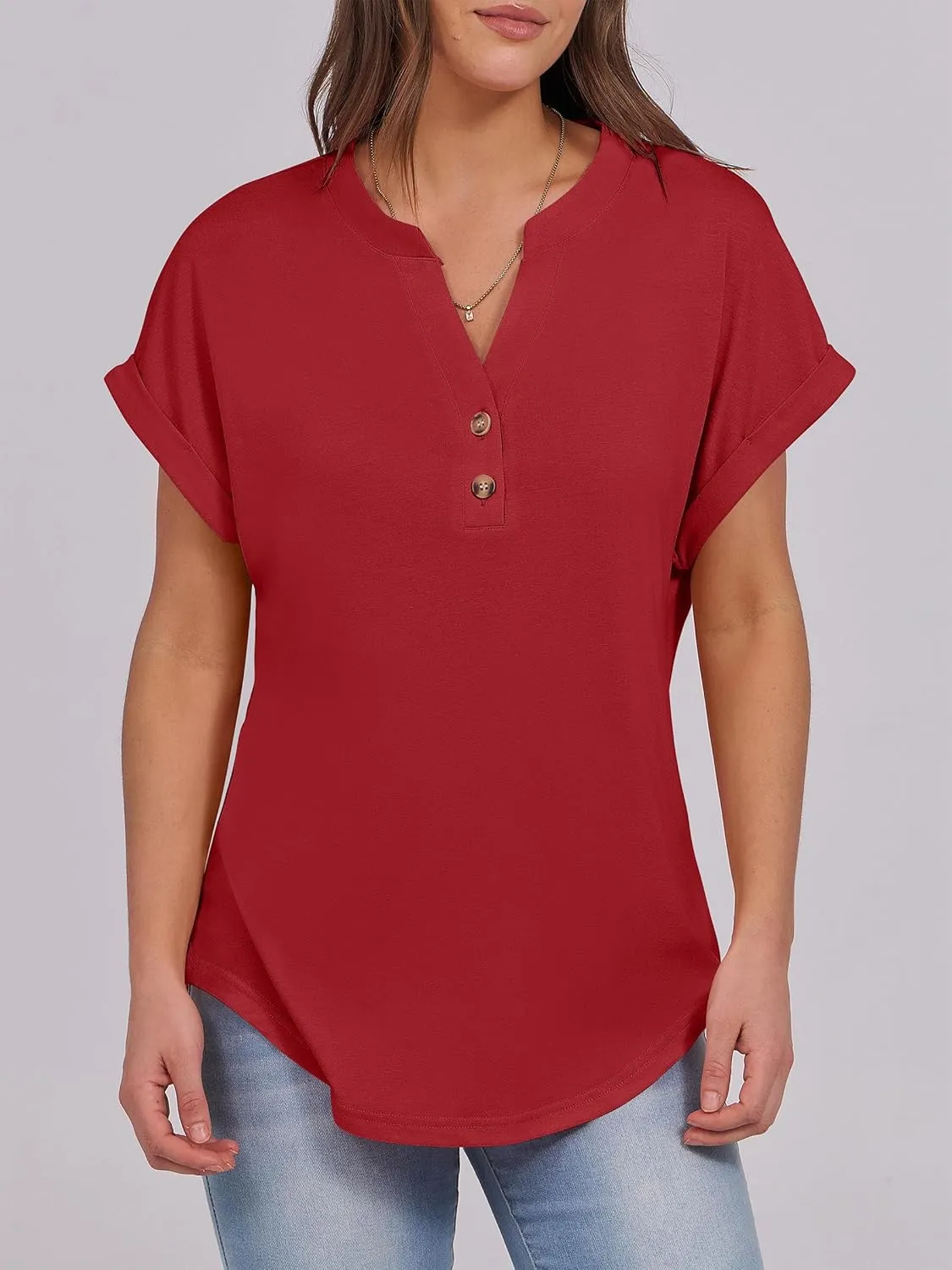 ANRABESS Womens Short Sleeve Henley Tops V Neck Dressy Casual Loose Fit Shirts Summer Flowy Blouses 2025 Trendy Clothes