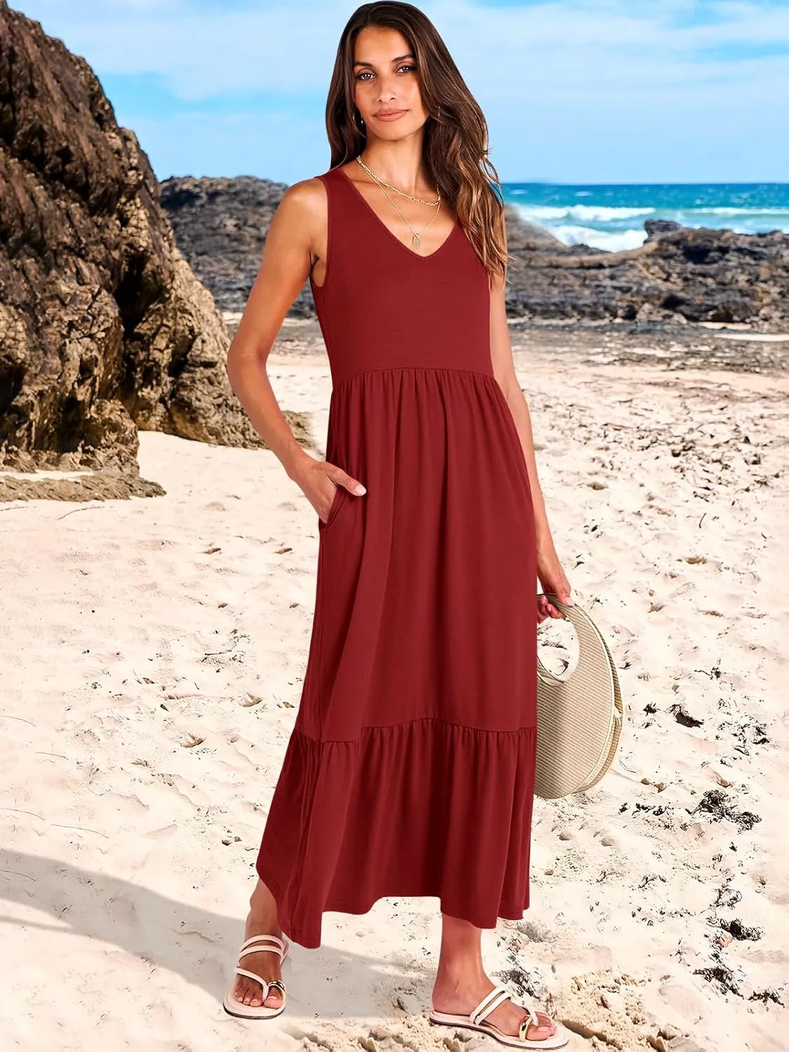 ANRABESS Womens Summer Maxi Dresses Fit & Flare Flowy V Neck Sleeveless Swing Casual Tiered Beach Sundress with Pockets