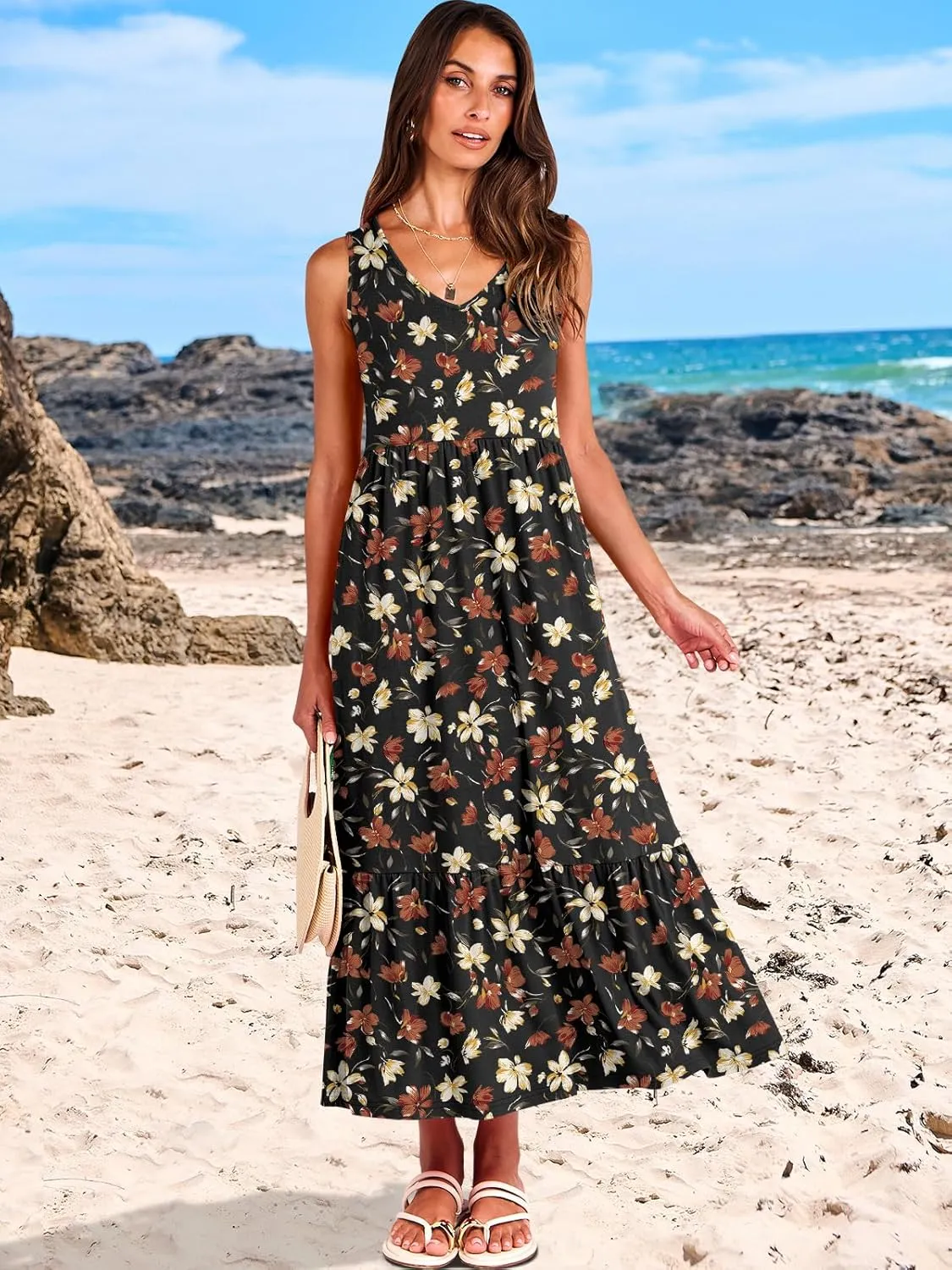 ANRABESS Womens Summer Maxi Dresses Fit & Flare Flowy V Neck Sleeveless Swing Casual Tiered Beach Sundress with Pockets