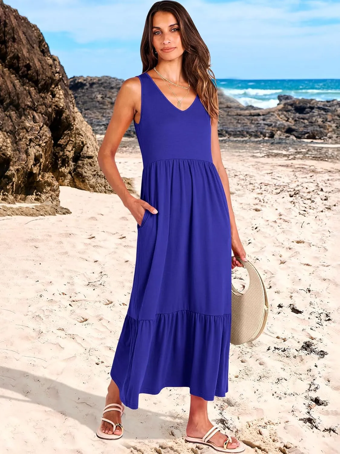 ANRABESS Womens Summer Maxi Dresses Fit & Flare Flowy V Neck Sleeveless Swing Casual Tiered Beach Sundress with Pockets