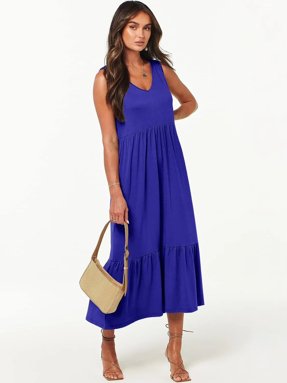 ANRABESS Womens Summer Maxi Dresses Fit & Flare Flowy V Neck Sleeveless Swing Casual Tiered Beach Sundress with Pockets