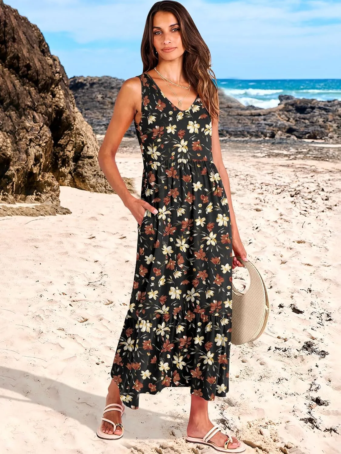 ANRABESS Womens Summer Maxi Dresses Fit & Flare Flowy V Neck Sleeveless Swing Casual Tiered Beach Sundress with Pockets