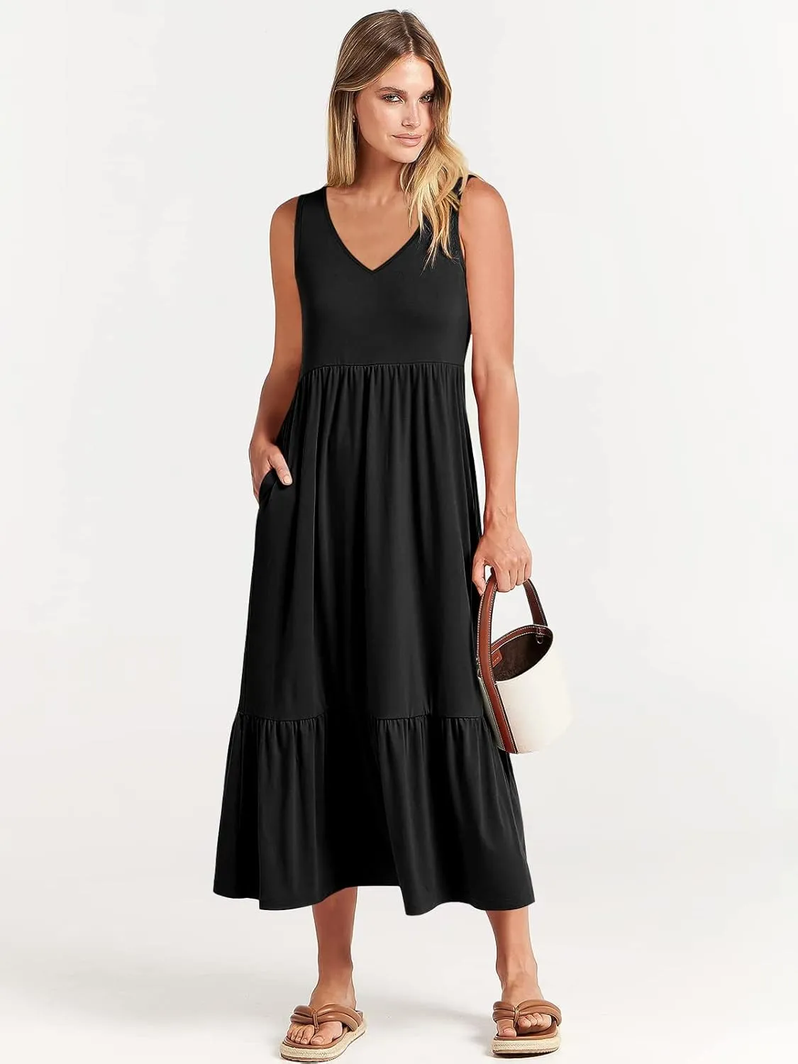 ANRABESS Womens Summer Maxi Dresses Fit & Flare Flowy V Neck Sleeveless Swing Casual Tiered Beach Sundress with Pockets