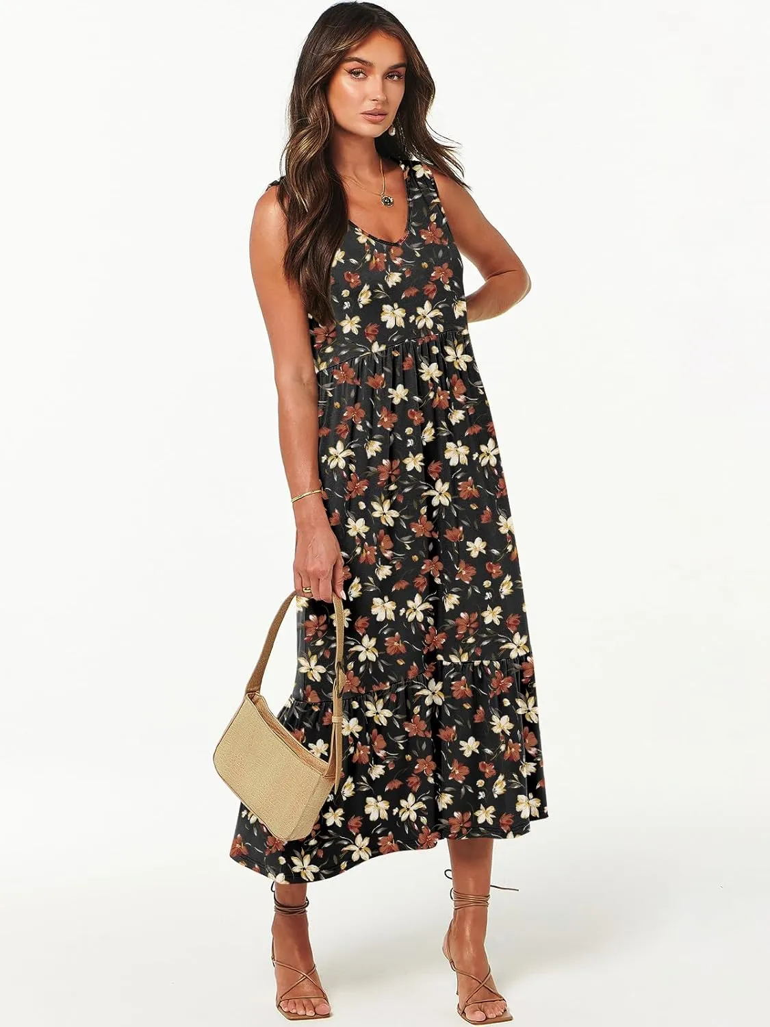 ANRABESS Womens Summer Maxi Dresses Fit & Flare Flowy V Neck Sleeveless Swing Casual Tiered Beach Sundress with Pockets