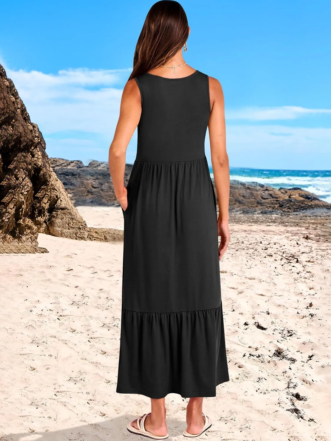 ANRABESS Womens Summer Maxi Dresses Fit & Flare Flowy V Neck Sleeveless Swing Casual Tiered Beach Sundress with Pockets