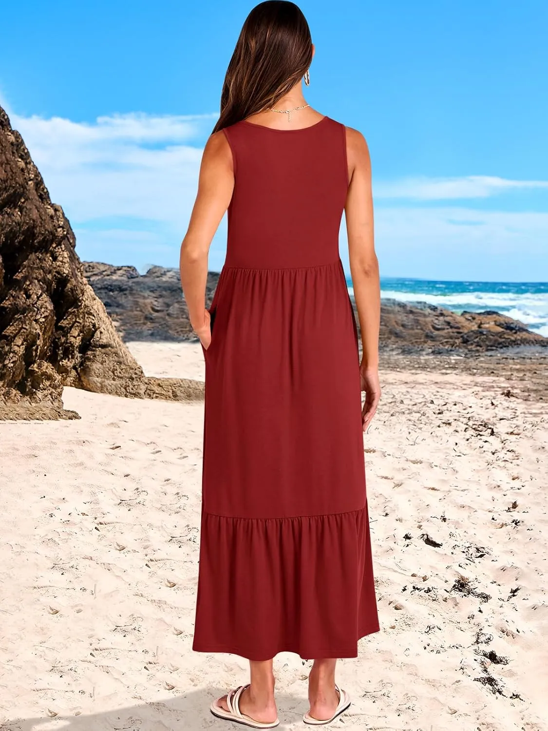 ANRABESS Womens Summer Maxi Dresses Fit & Flare Flowy V Neck Sleeveless Swing Casual Tiered Beach Sundress with Pockets