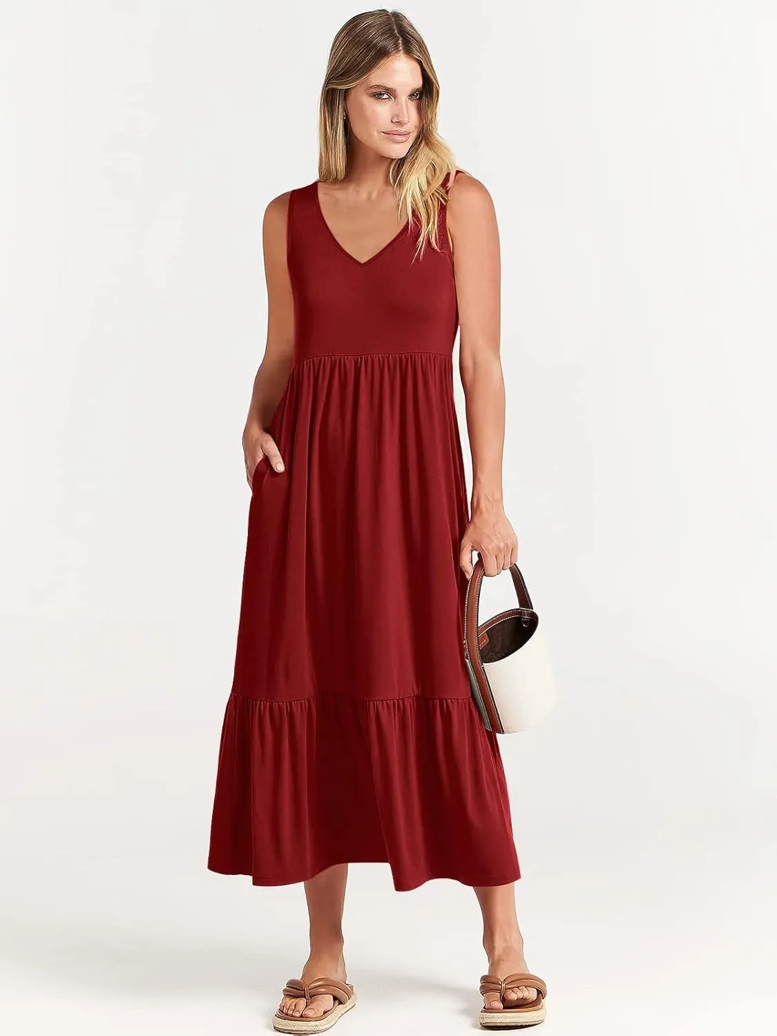 ANRABESS Womens Summer Maxi Dresses Fit & Flare Flowy V Neck Sleeveless Swing Casual Tiered Beach Sundress with Pockets