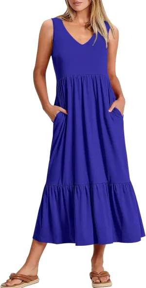 ANRABESS Womens Summer Maxi Dresses Fit & Flare Flowy V Neck Sleeveless Swing Casual Tiered Beach Sundress with Pockets