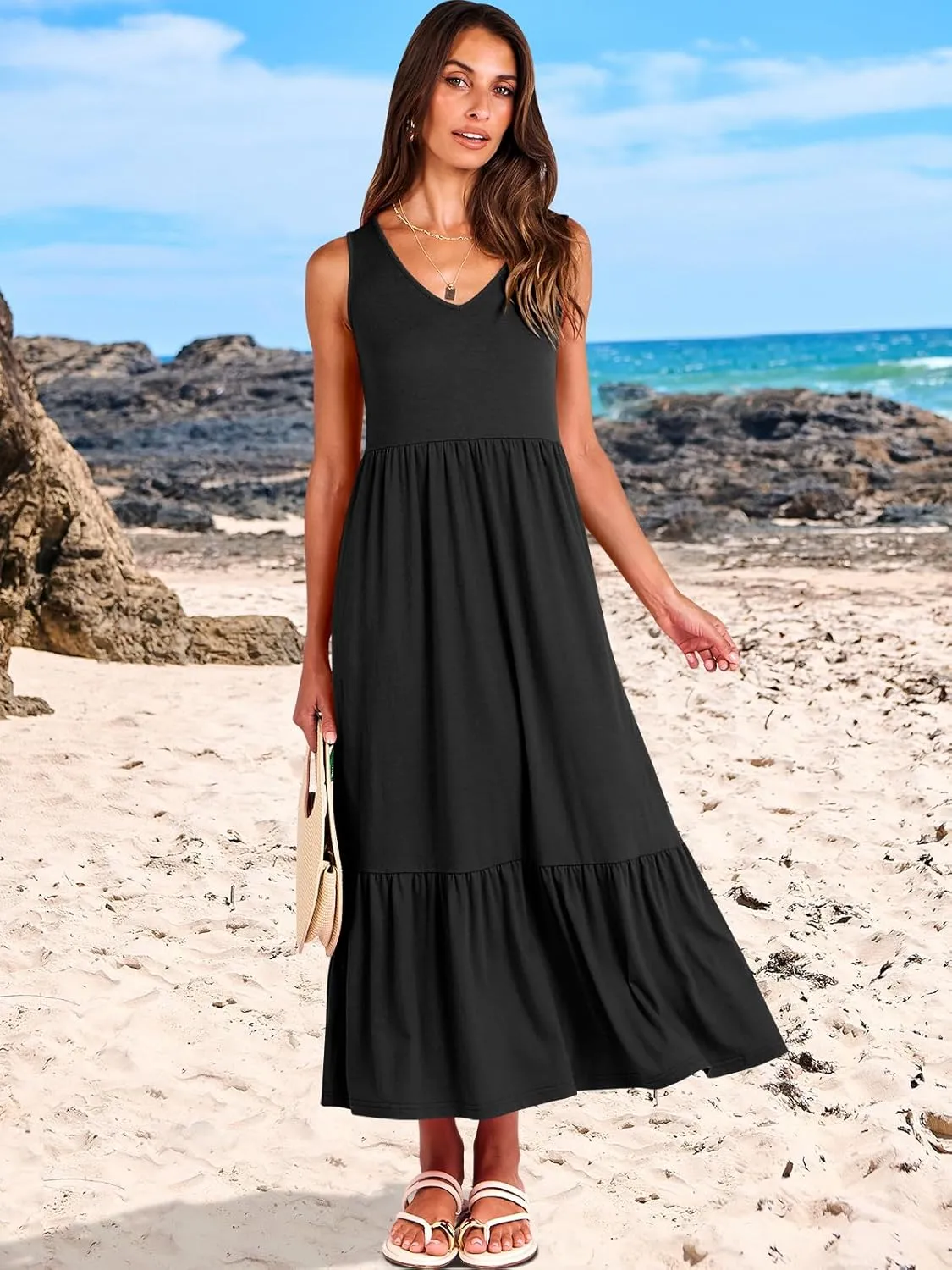 ANRABESS Womens Summer Maxi Dresses Fit & Flare Flowy V Neck Sleeveless Swing Casual Tiered Beach Sundress with Pockets