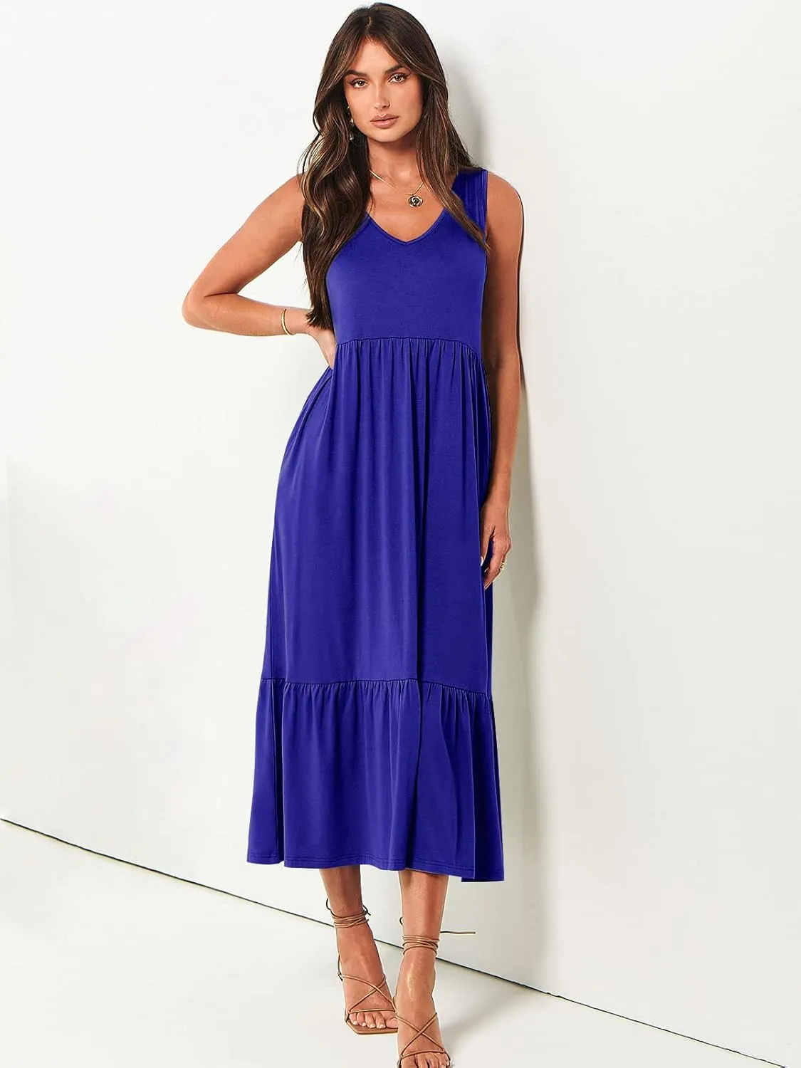 ANRABESS Womens Summer Maxi Dresses Fit & Flare Flowy V Neck Sleeveless Swing Casual Tiered Beach Sundress with Pockets