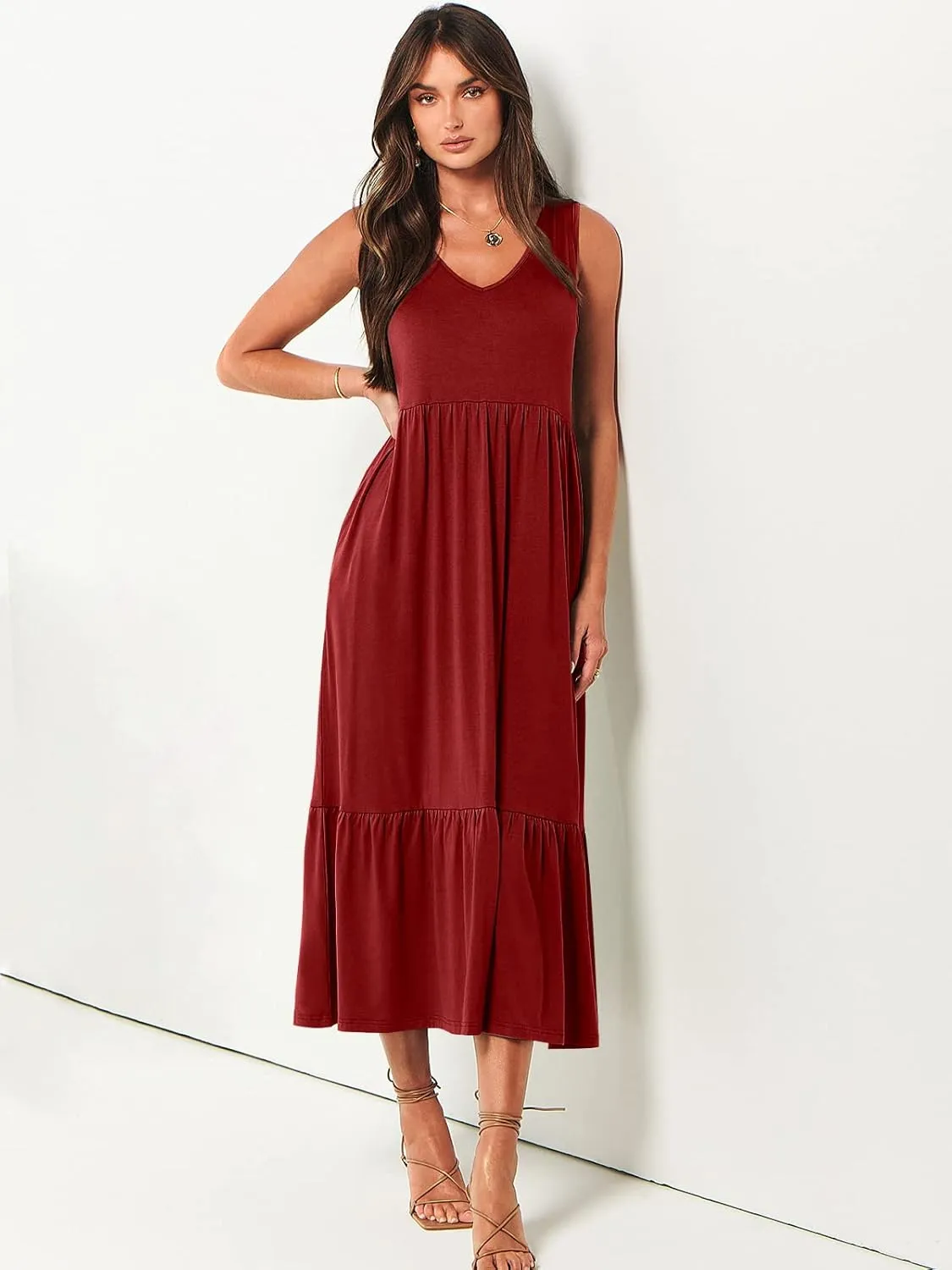 ANRABESS Womens Summer Maxi Dresses Fit & Flare Flowy V Neck Sleeveless Swing Casual Tiered Beach Sundress with Pockets