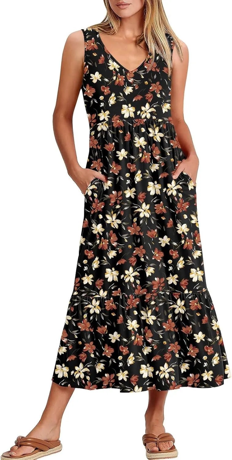 ANRABESS Womens Summer Maxi Dresses Fit & Flare Flowy V Neck Sleeveless Swing Casual Tiered Beach Sundress with Pockets