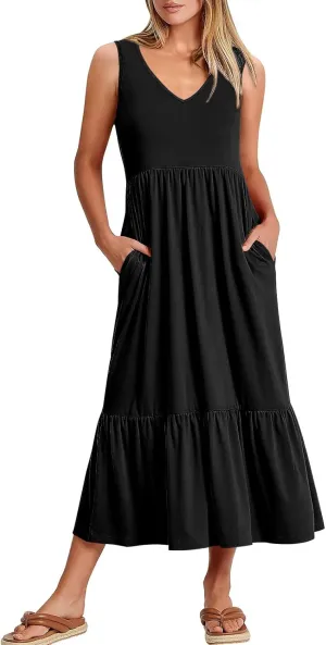 ANRABESS Womens Summer Maxi Dresses Fit & Flare Flowy V Neck Sleeveless Swing Casual Tiered Beach Sundress with Pockets