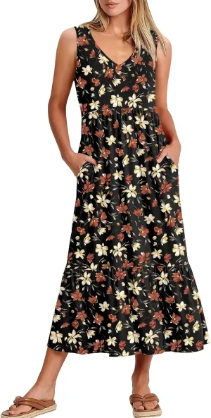 ANRABESS Womens Summer Maxi Dresses Fit & Flare Flowy V Neck Sleeveless Swing Casual Tiered Beach Sundress with Pockets