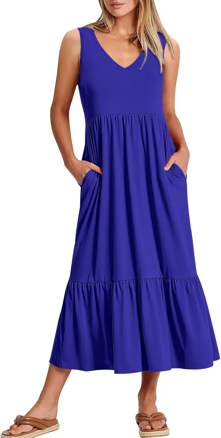 ANRABESS Womens Summer Maxi Dresses Fit & Flare Flowy V Neck Sleeveless Swing Casual Tiered Beach Sundress with Pockets