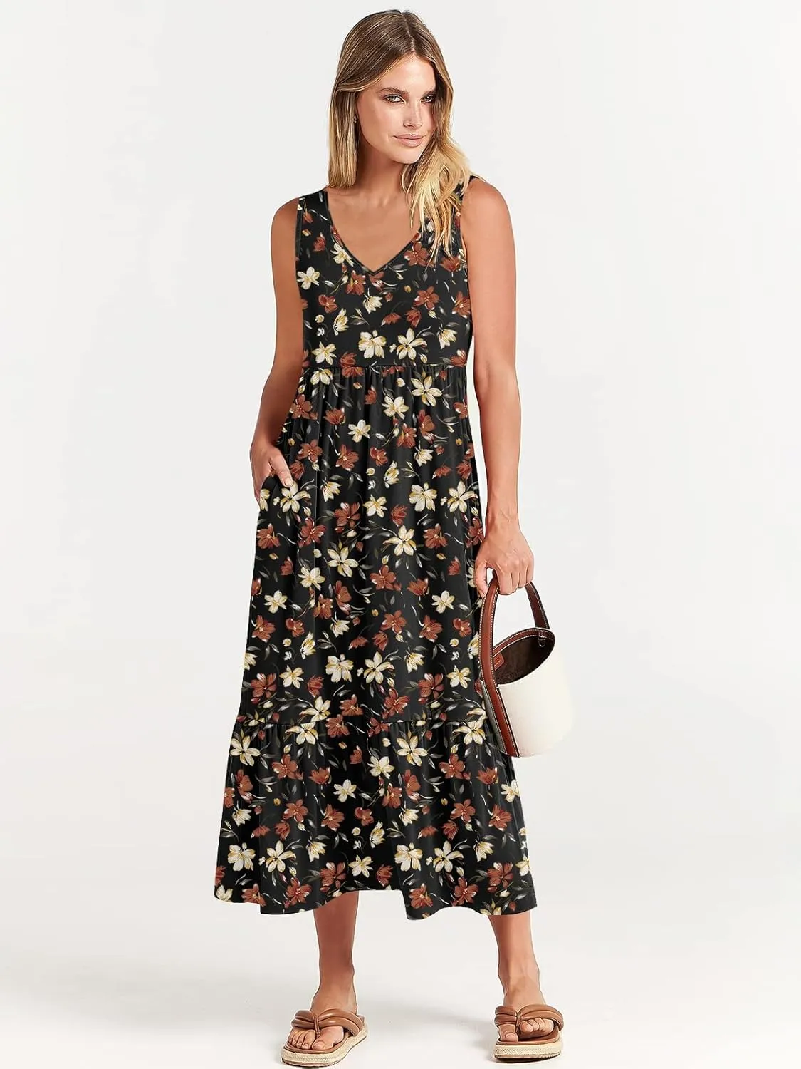 ANRABESS Womens Summer Maxi Dresses Fit & Flare Flowy V Neck Sleeveless Swing Casual Tiered Beach Sundress with Pockets
