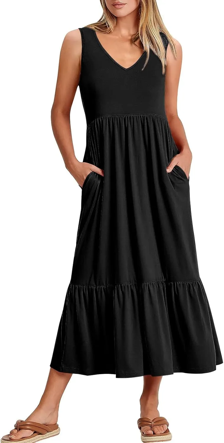 ANRABESS Womens Summer Maxi Dresses Fit & Flare Flowy V Neck Sleeveless Swing Casual Tiered Beach Sundress with Pockets
