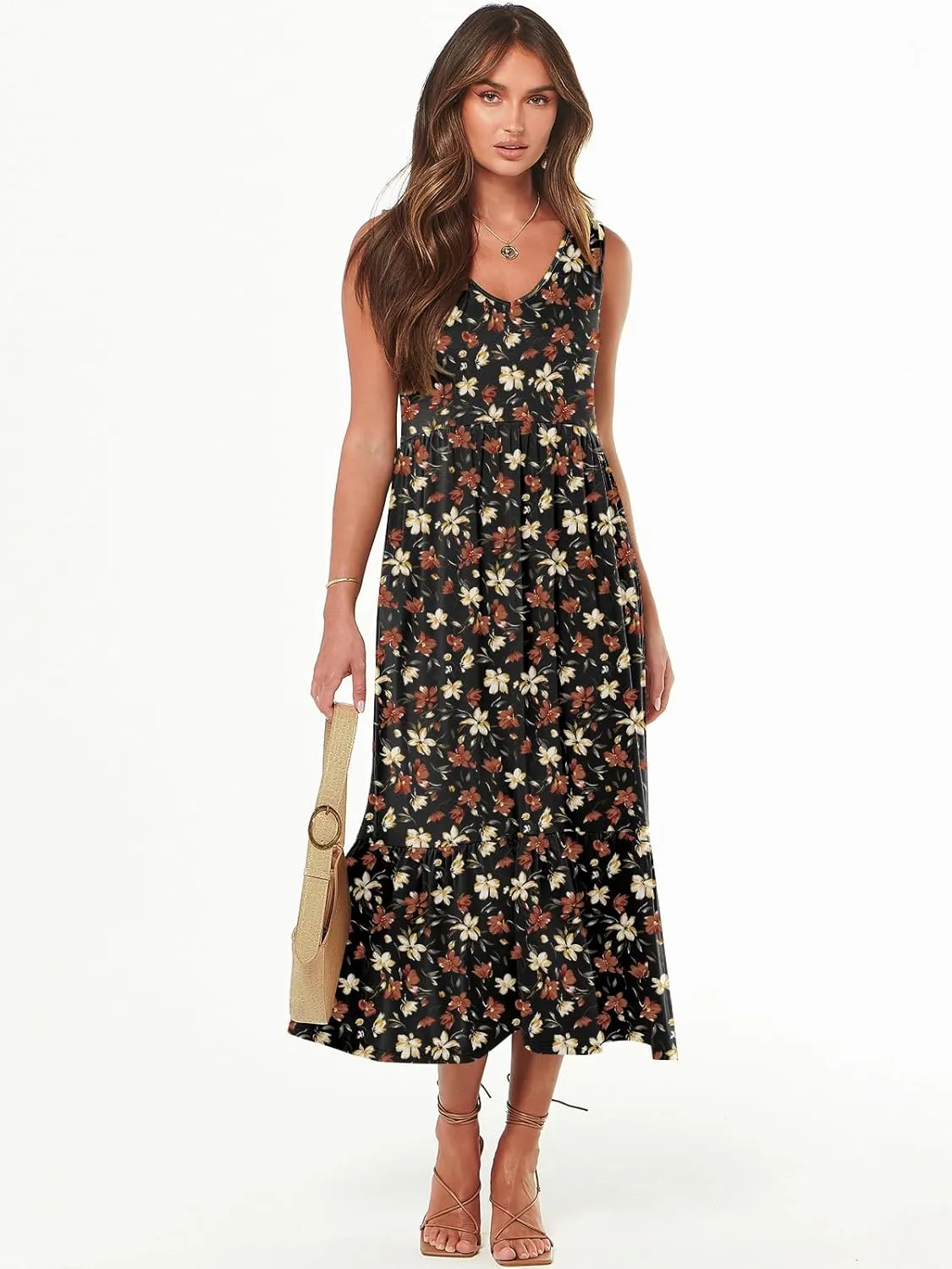 ANRABESS Womens Summer Maxi Dresses Fit & Flare Flowy V Neck Sleeveless Swing Casual Tiered Beach Sundress with Pockets
