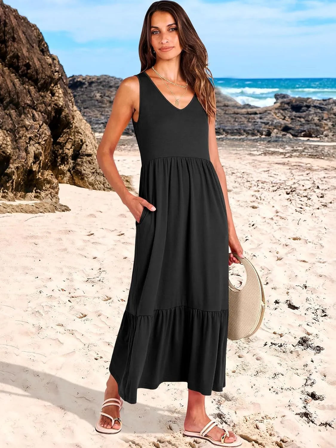 ANRABESS Womens Summer Maxi Dresses Fit & Flare Flowy V Neck Sleeveless Swing Casual Tiered Beach Sundress with Pockets