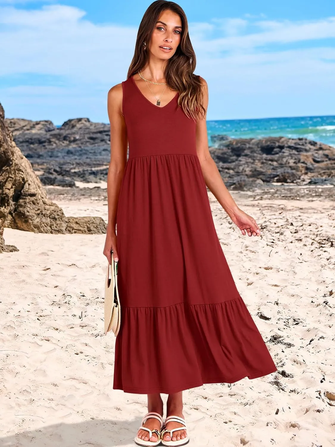 ANRABESS Womens Summer Maxi Dresses Fit & Flare Flowy V Neck Sleeveless Swing Casual Tiered Beach Sundress with Pockets