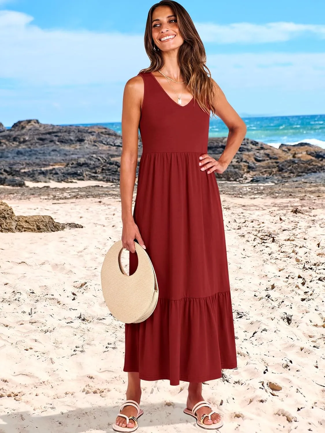 ANRABESS Womens Summer Maxi Dresses Fit & Flare Flowy V Neck Sleeveless Swing Casual Tiered Beach Sundress with Pockets