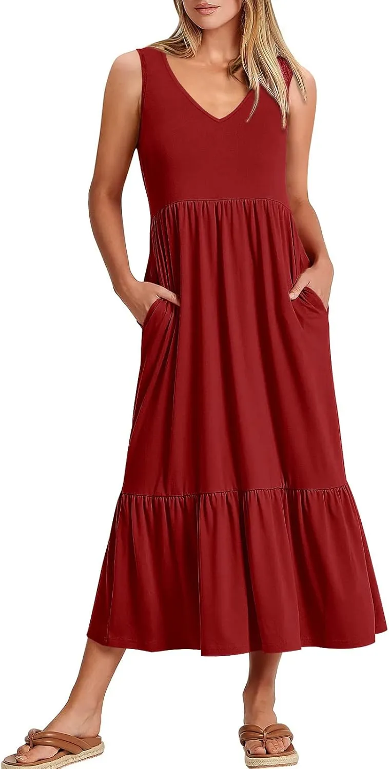 ANRABESS Womens Summer Maxi Dresses Fit & Flare Flowy V Neck Sleeveless Swing Casual Tiered Beach Sundress with Pockets