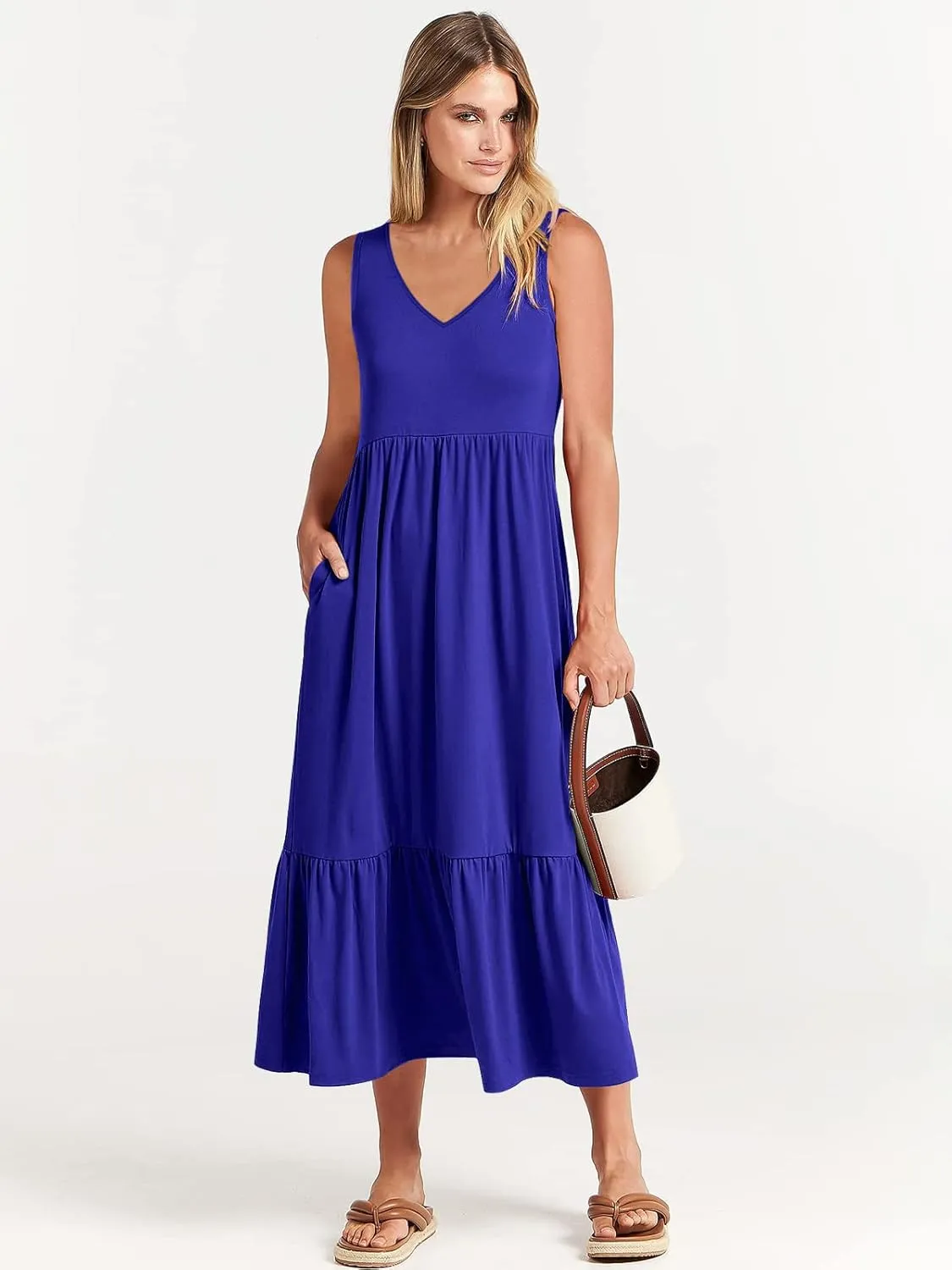 ANRABESS Womens Summer Maxi Dresses Fit & Flare Flowy V Neck Sleeveless Swing Casual Tiered Beach Sundress with Pockets
