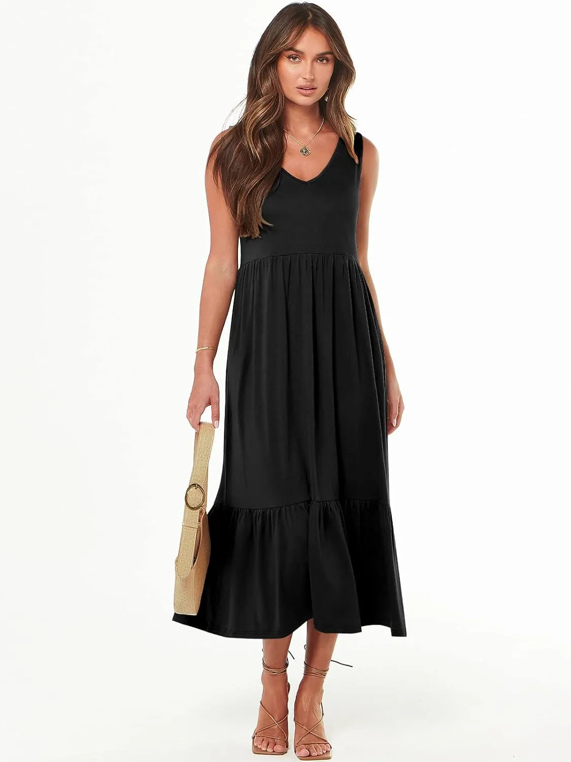 ANRABESS Womens Summer Maxi Dresses Fit & Flare Flowy V Neck Sleeveless Swing Casual Tiered Beach Sundress with Pockets