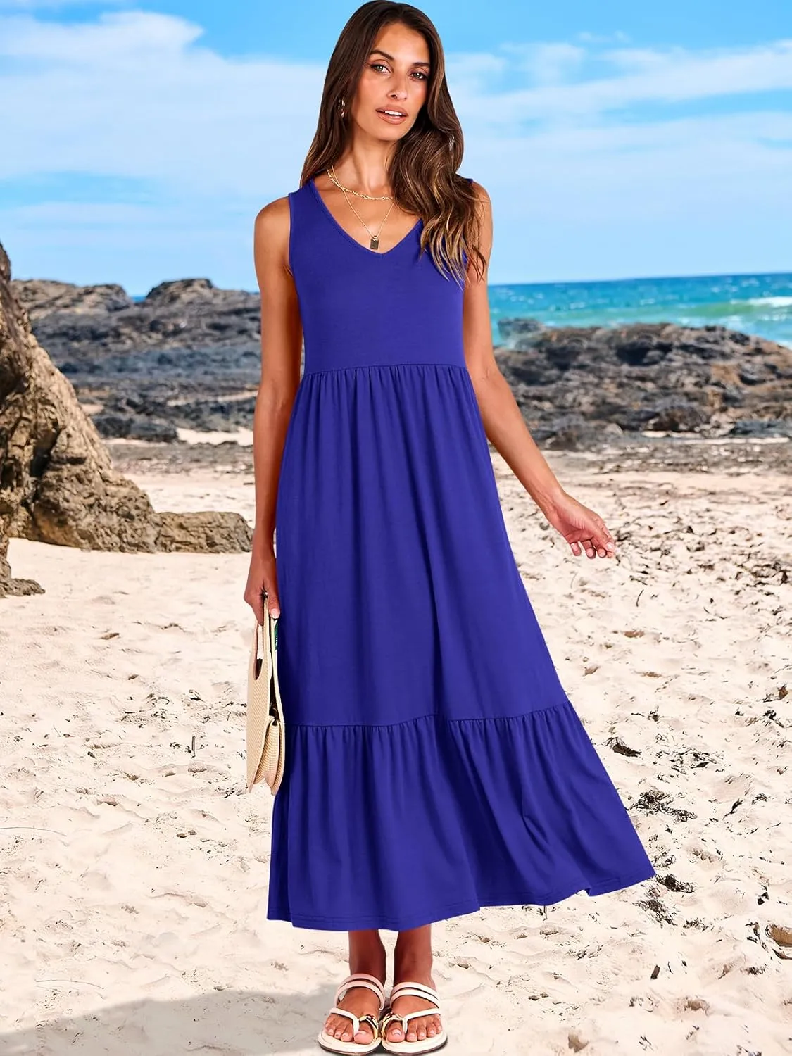 ANRABESS Womens Summer Maxi Dresses Fit & Flare Flowy V Neck Sleeveless Swing Casual Tiered Beach Sundress with Pockets